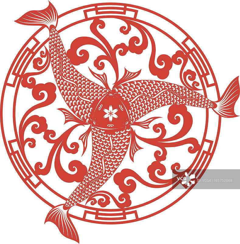 一头三身的剪纸鱼图案图片素材