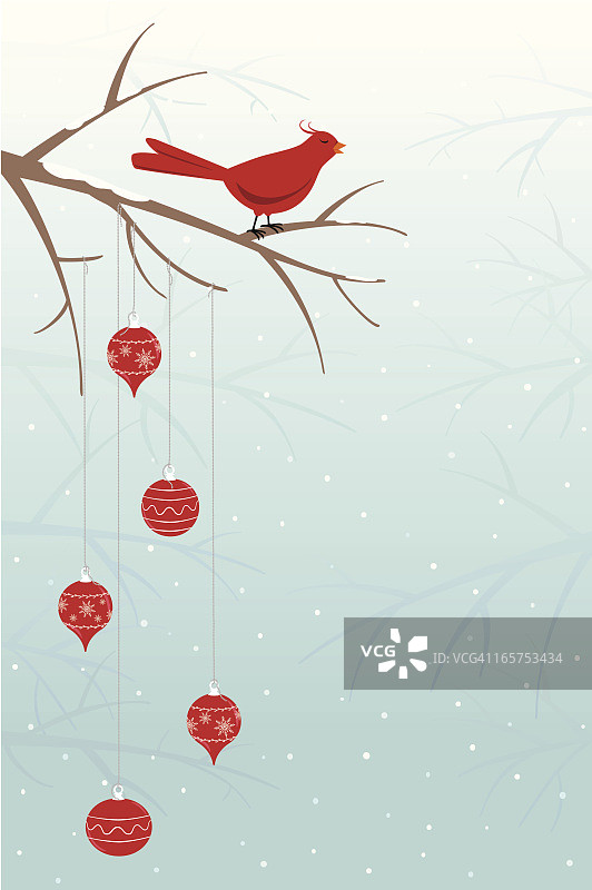 带有圣诞装饰的雪枝上的鸣禽图片素材