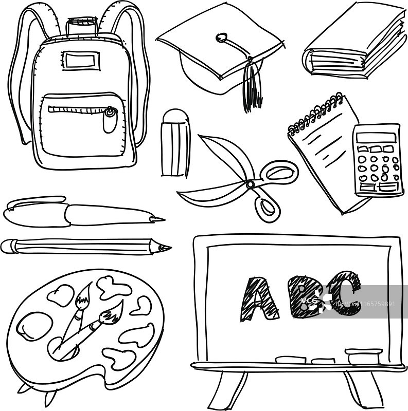 黑白扁平风学习用品素材图片素材