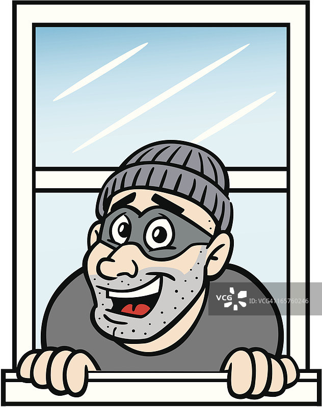 卡通小偷在窗户里图片素材