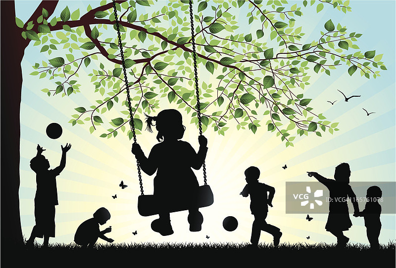 孩子们在户外玩耍的剪影插画图片素材