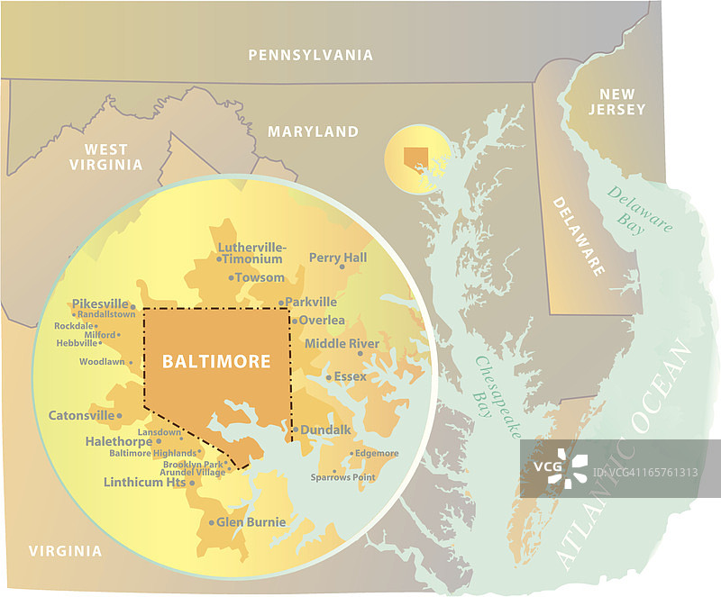 马里兰州巴尔的摩都市区地图插图图片素材