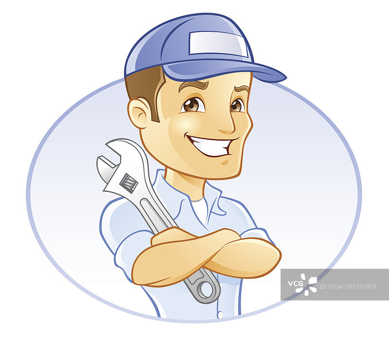 手持扳手的修理工、杂工、机械师或水管工图片素材
