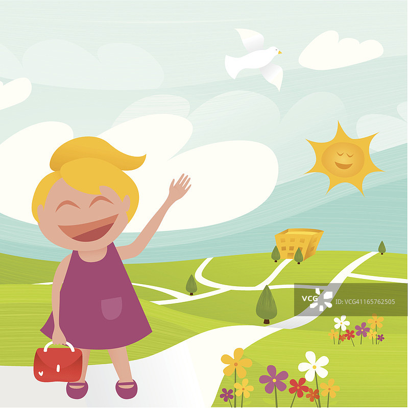 快乐的女孩去上学图片素材