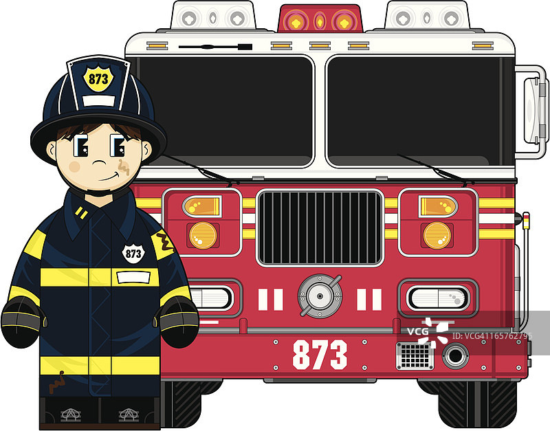 可爱的消防员和消防车图片素材