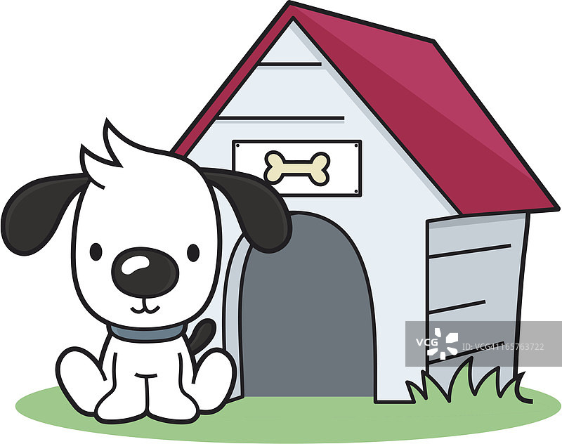 坐在狗屋前的宠物狗图片素材