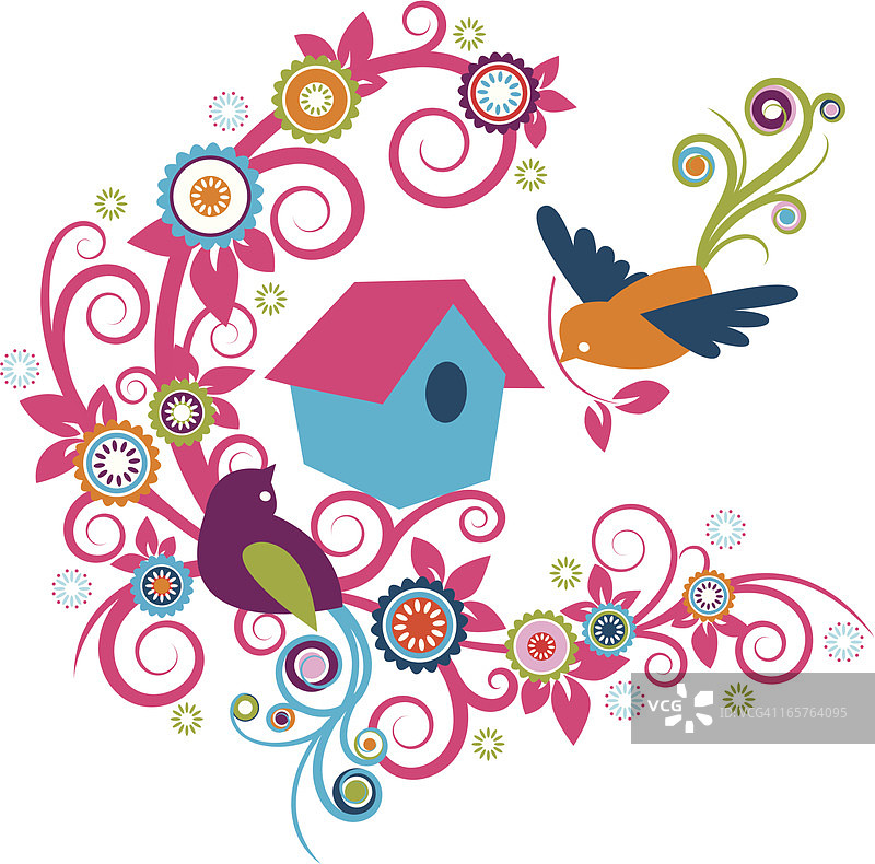 异想天开的花卉中的鸟舍和情侣鸟图片素材