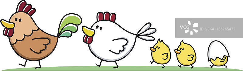 一家人和小孩子们与公鸡、母鸡和小鸡卡通图片素材