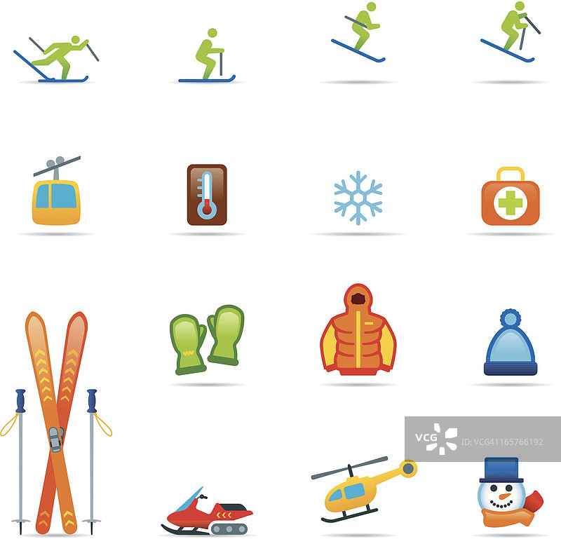 滑雪彩色图标集图片素材