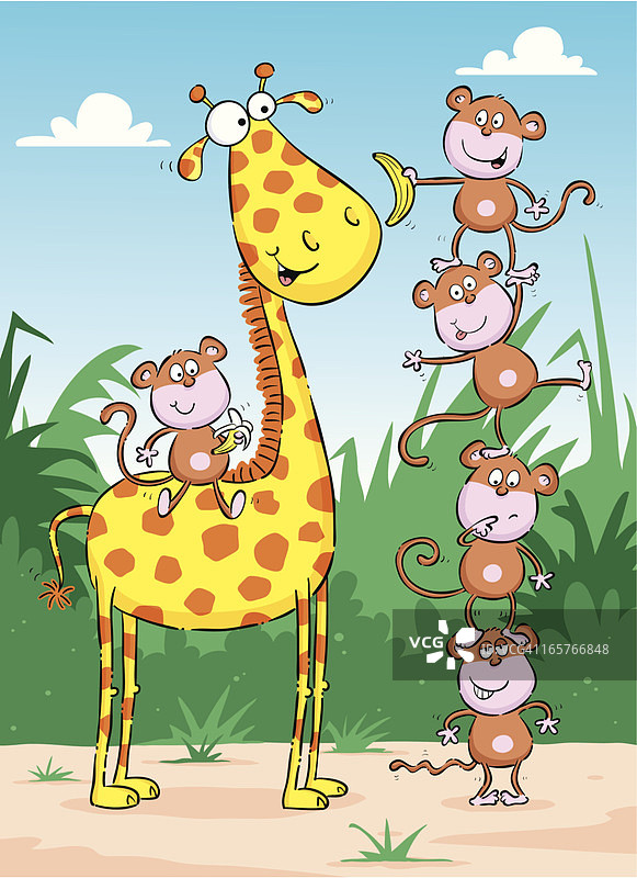卡通猴子与长颈鹿图片素材