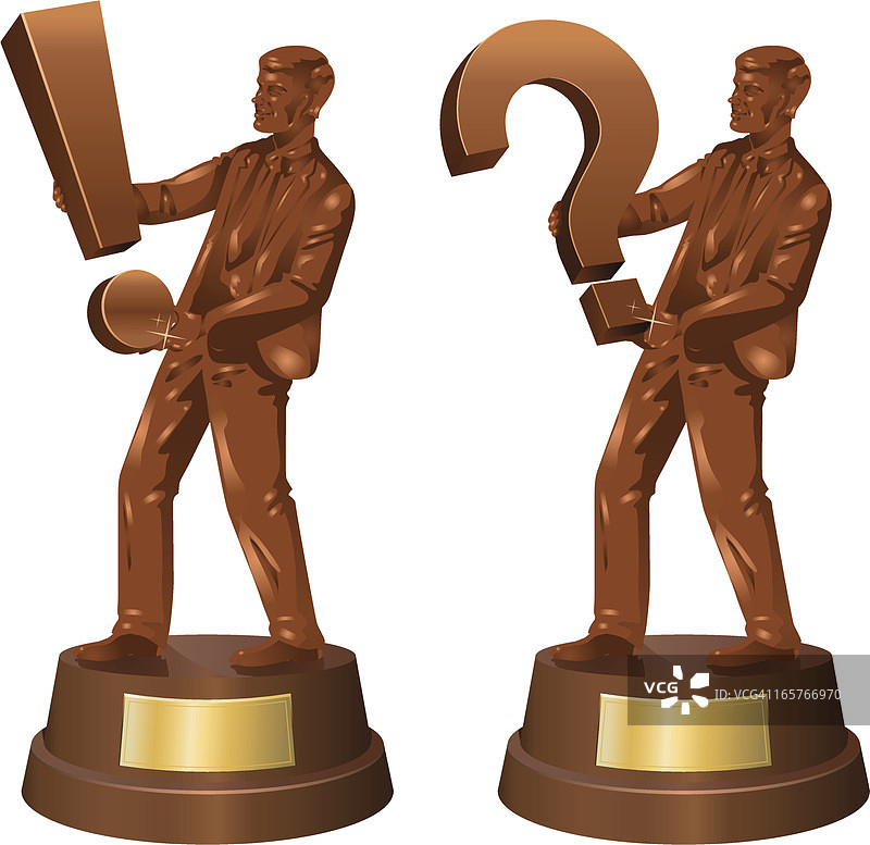 西装男士雕像，手持感叹号和问号图片素材
