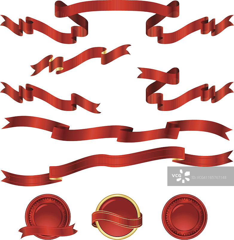 闪亮banner、丝带、贴纸套装：红色缎面、金属金色图片素材