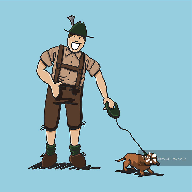 穿着皮裤、带着腊肠犬的友善男人图片素材