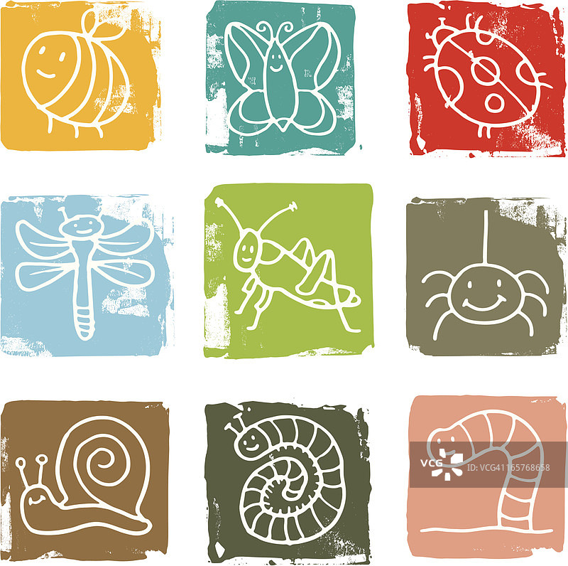 昆虫和动物Grunge风格方块图标集图片素材