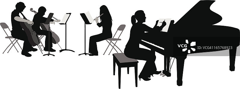 钢琴、长笛和弦乐器矢量剪影图片素材