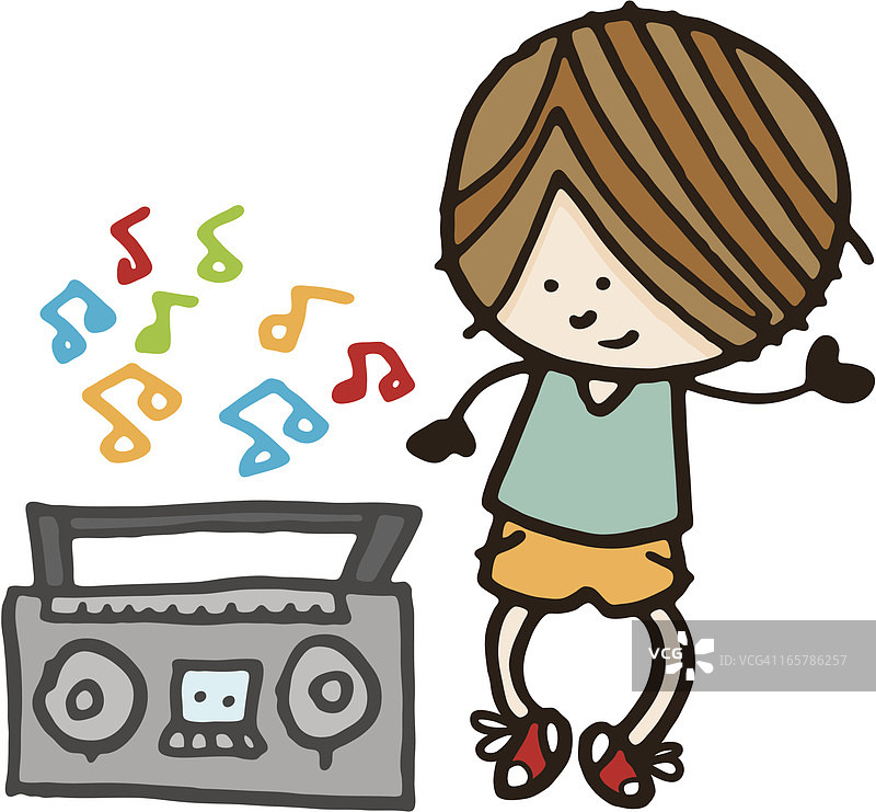 男孩用音响听音乐图片素材