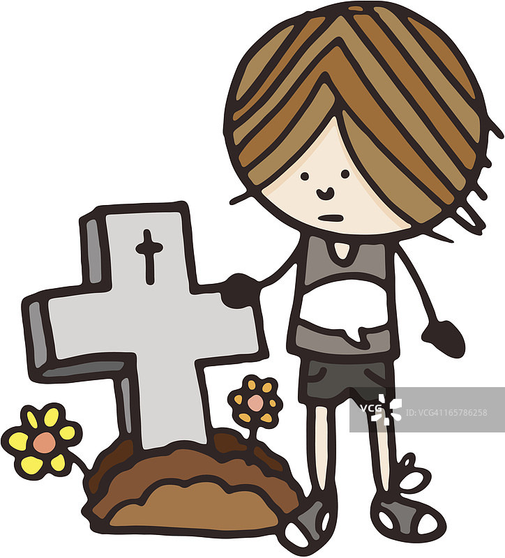 悲伤的男孩站在墓碑旁图片素材