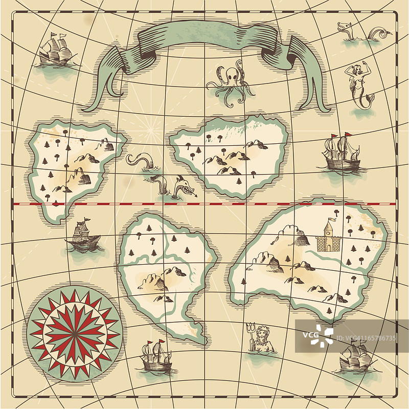 手绘复古海洋地图图片素材