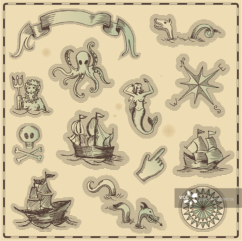 手绘古代海洋导航图标图片素材