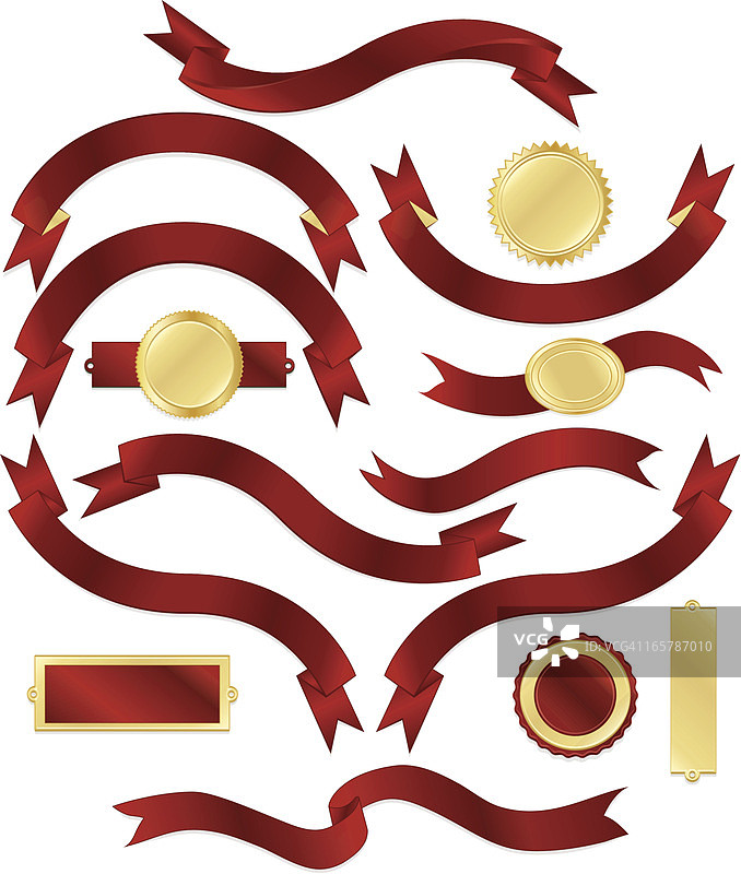 闪亮banner、绸带、贴纸、标语牌套装：红色金属缎面、金色图片素材
