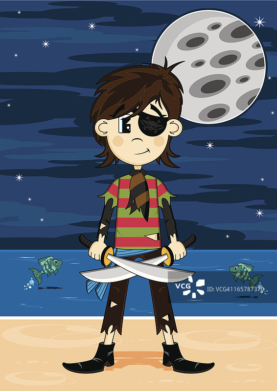 海滩上戴着眼罩的可爱小海盗图片素材