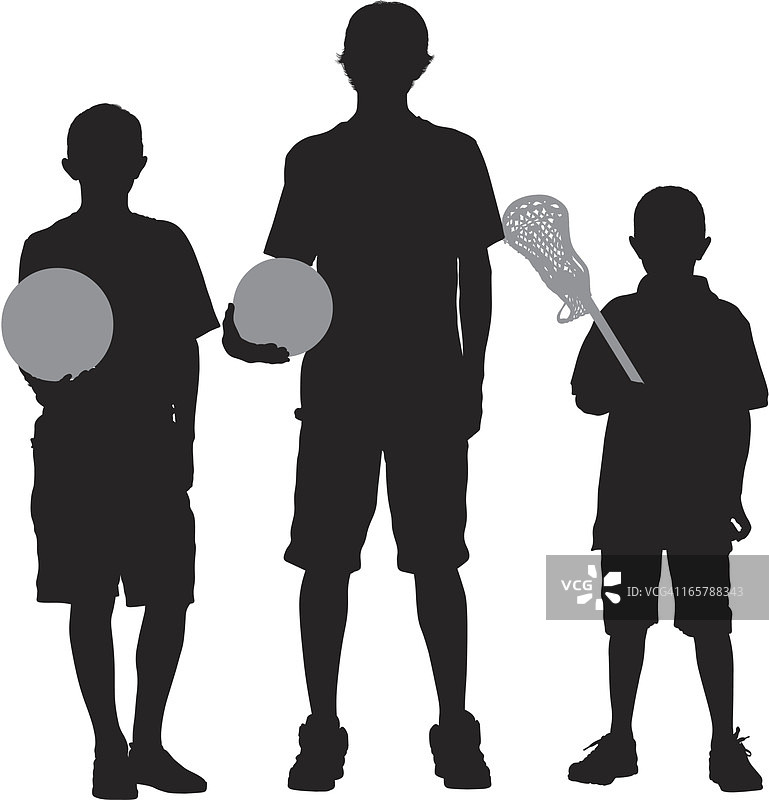 三个携带运动器材的男孩轮廓图片素材