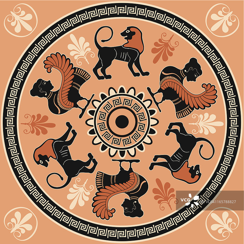 希腊风格的狮鹫和狮子圆形图案图片素材