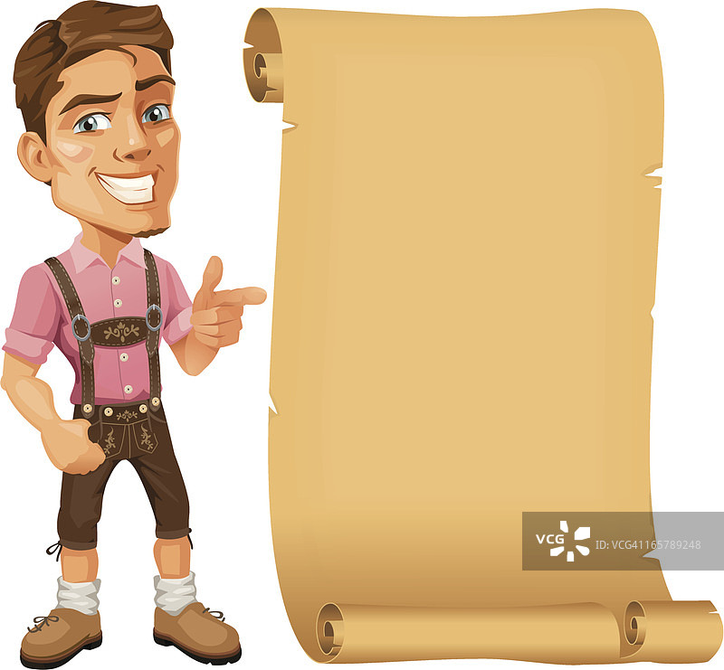 穿着皮裤的巴伐利亚男子指向纸卷图片素材