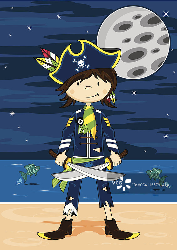 海滩上可爱的小海盗船长图片素材