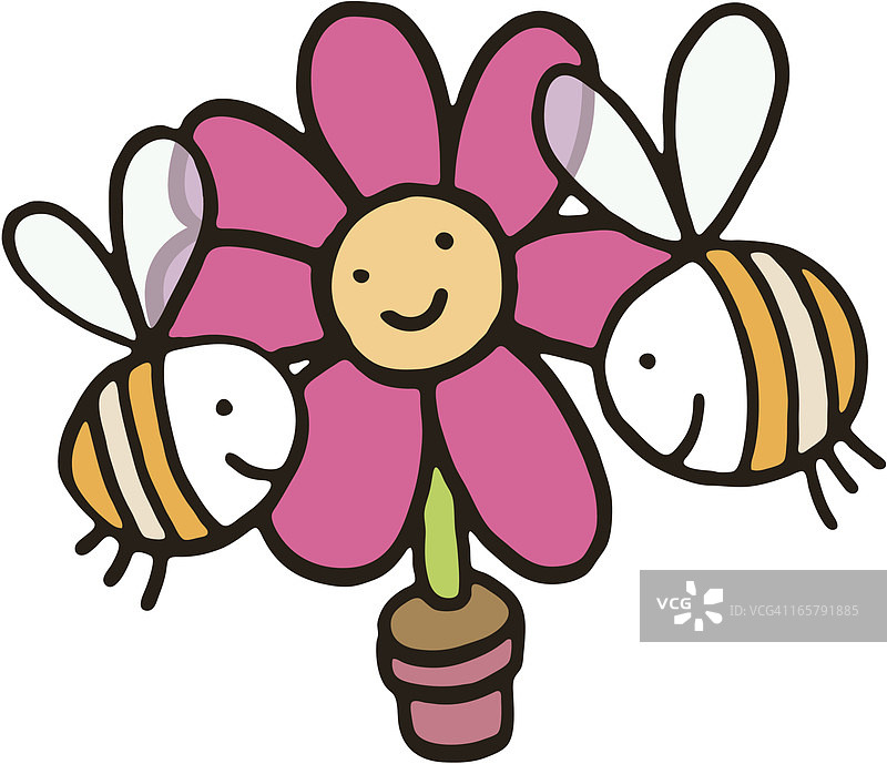 两只蜜蜂在一朵大型粉色花朵旁图片素材