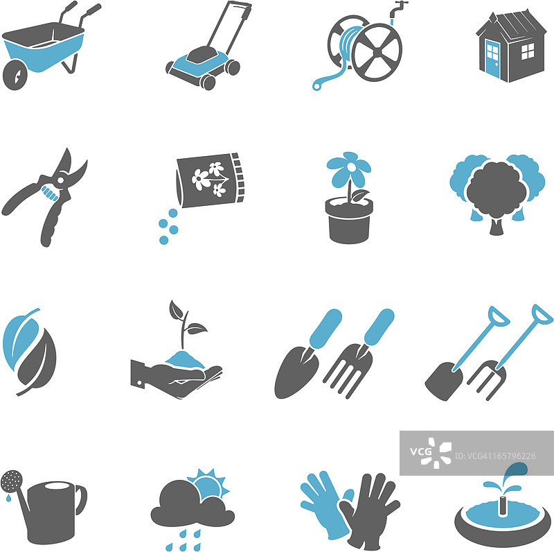 蓝色和灰色园艺图标（4x4）图片素材