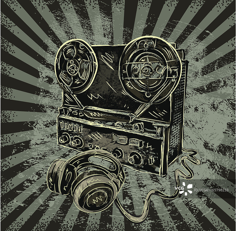 带耳机的复古开盘式录音机图片素材