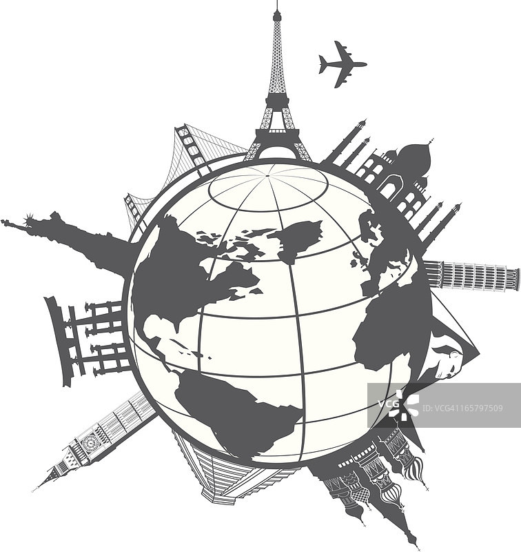 带有旅游地标的地球仪图片素材