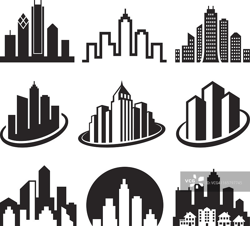 城市徽章黑白免版税矢量图标集图片素材