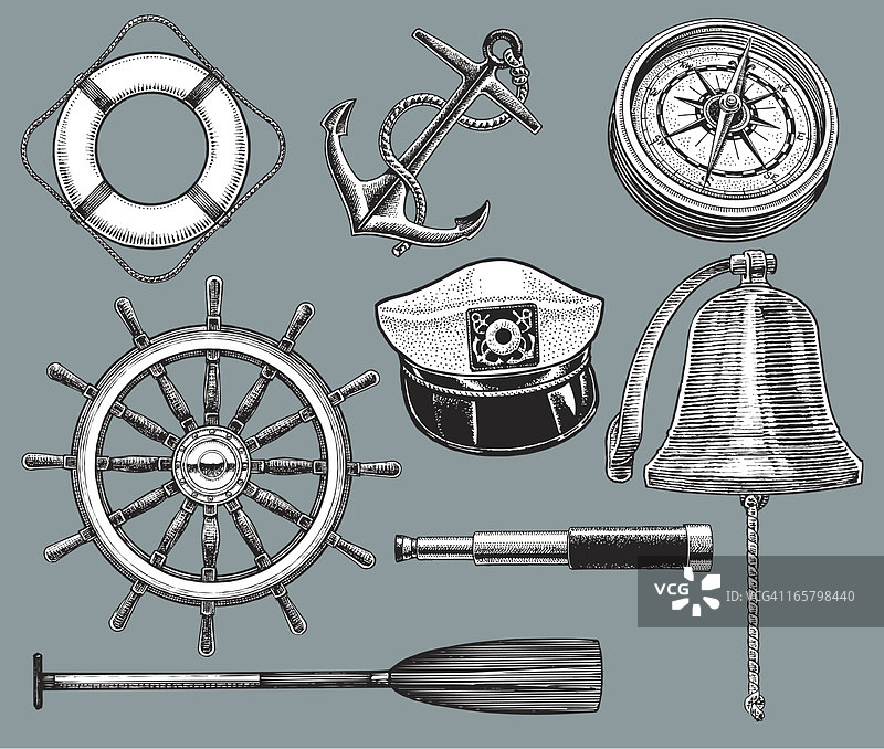 船舶设备——锚、救生圈、指南针图片素材