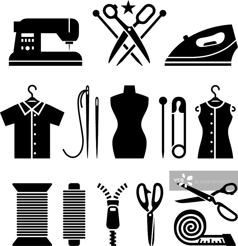 裁缝和服装行业黑白矢量图标集图片素材