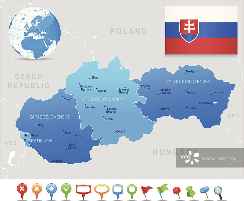 斯洛伐克地图：州、城市、旗帜、导航图标图片素材