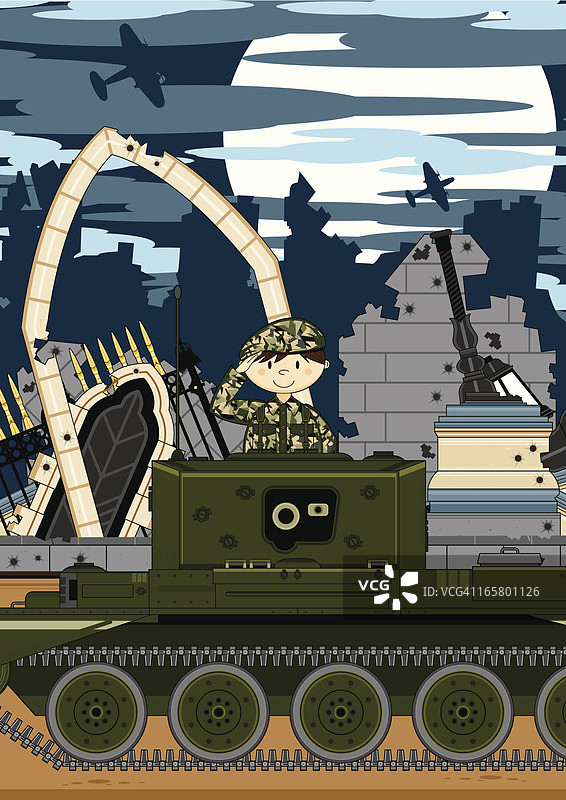 士兵与坦克在被摧毁的城市中图片素材