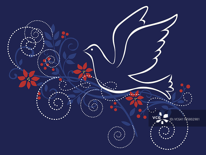 蓝色背景上的和平符号白线鸽子，带有装饰性漩涡图片素材