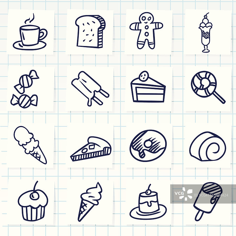 方格纸上的手绘甜点图标图片素材