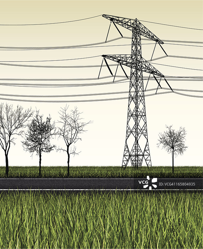 乡村公路、电线塔和树木图片素材