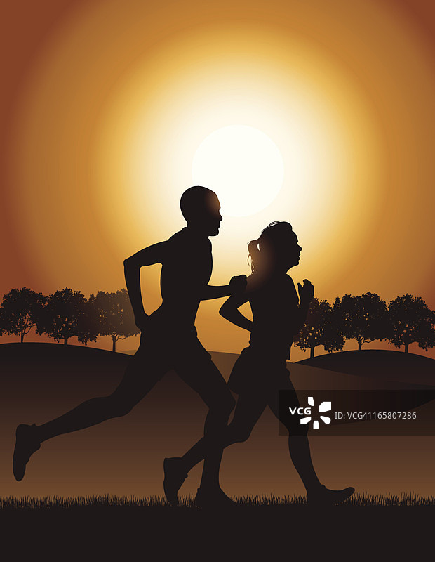 异族情侣在早晨背景中慢跑图片素材
