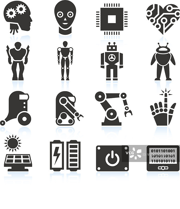未来主义机器人与人工智能黑白图标集图片素材