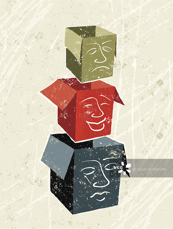 三个盒子上的中性、快乐和悲伤面孔图片素材