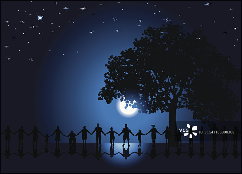 月光下手牵手的人们背景图片素材