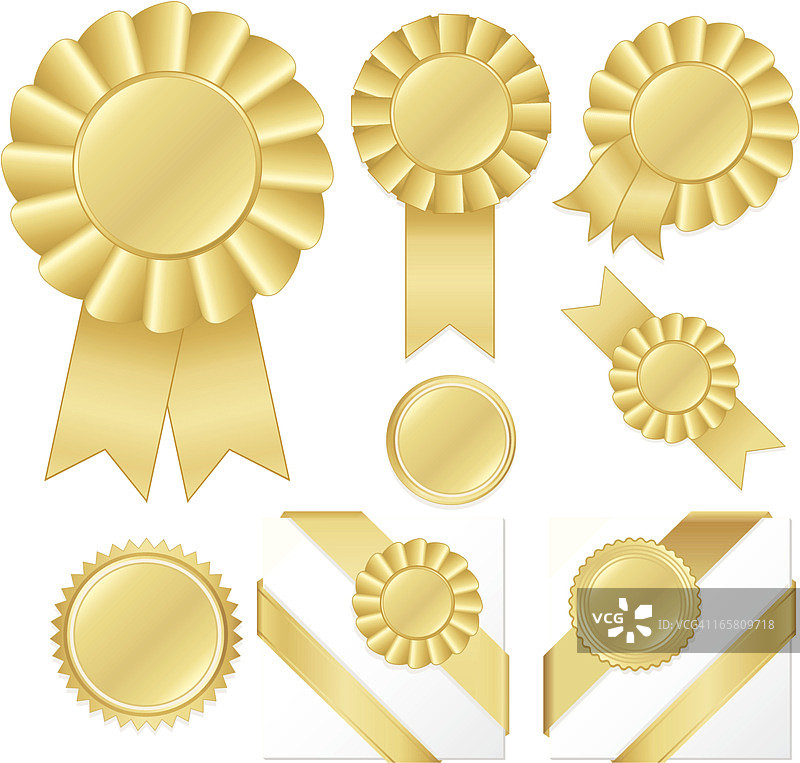 金色奖章角饰、丝带、贴纸和按钮套装图片素材