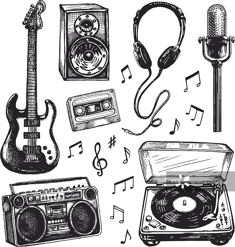 音乐相关物品的黑白画图片素材