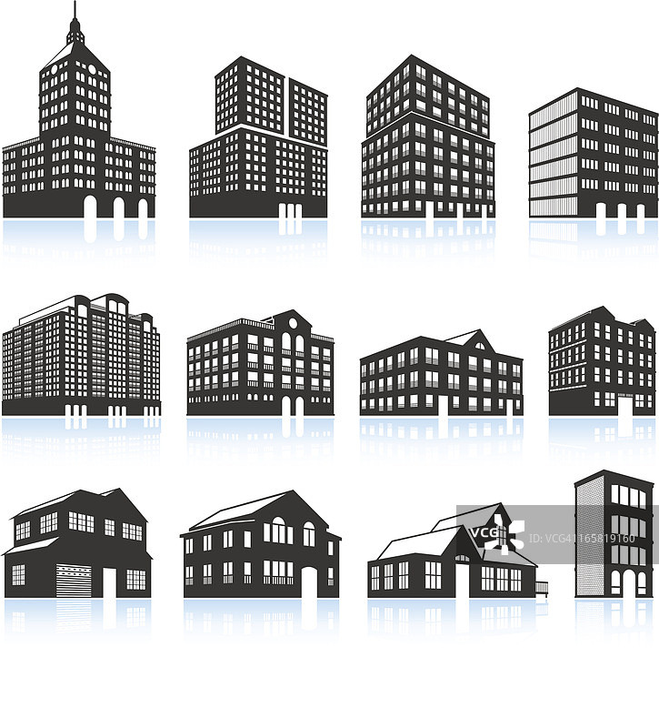 公寓楼和公寓黑白矢量图标集图片素材