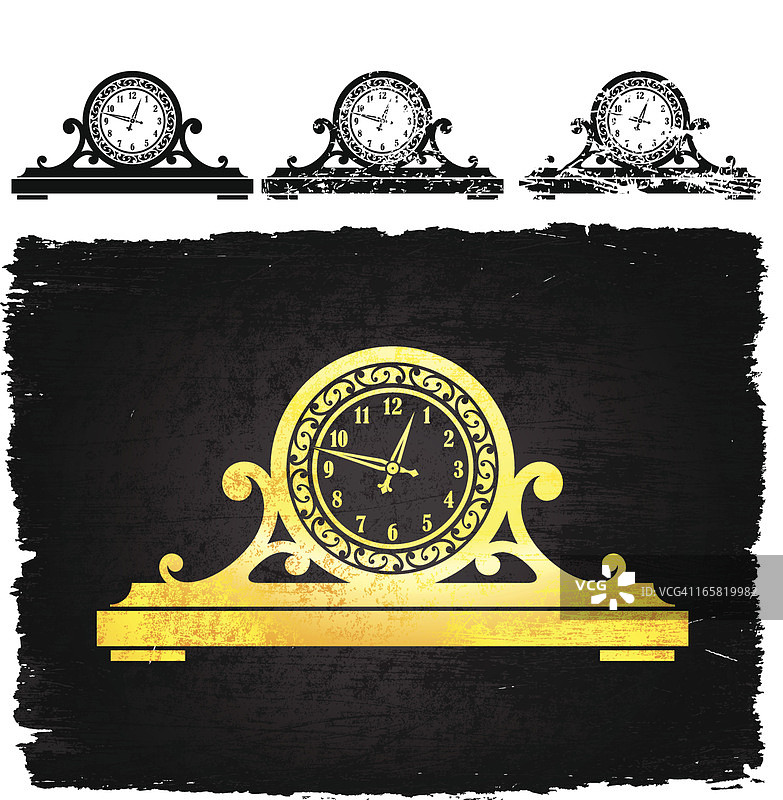 黑色免版税矢量背景上的金色老式时钟图片素材