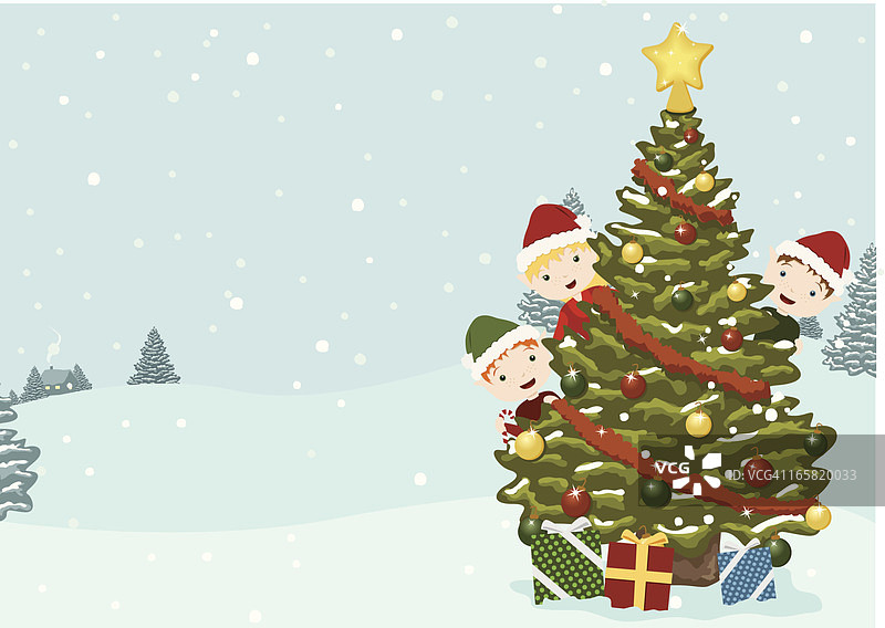 可爱的精灵与节日树图片素材